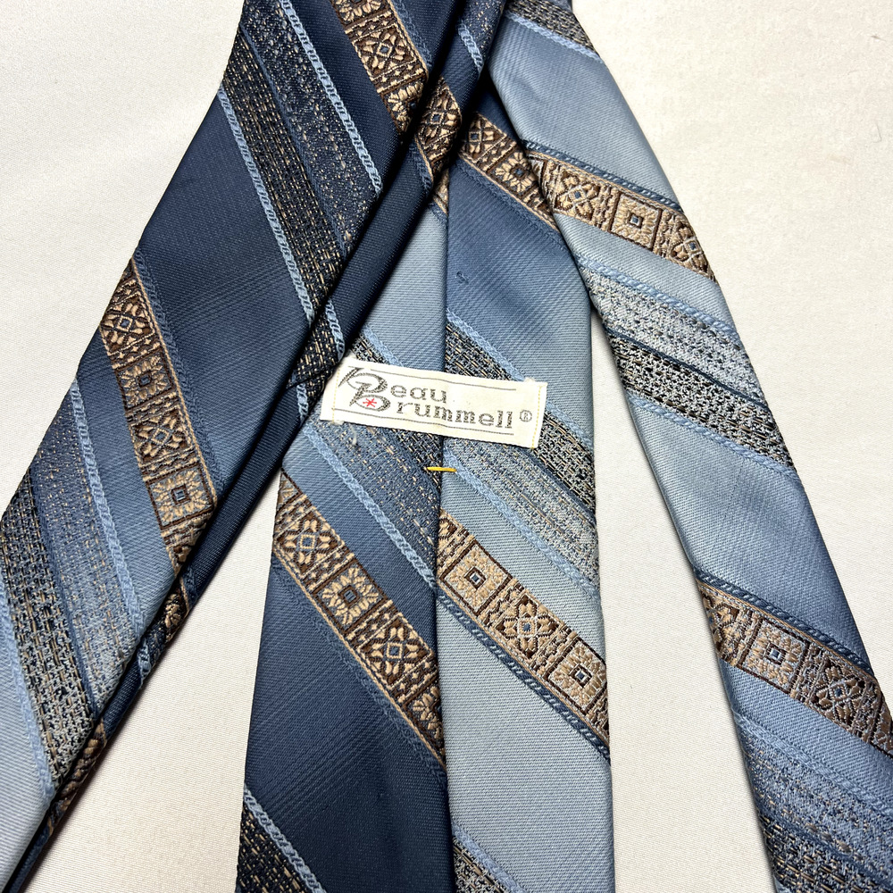 Vtg Beau Brummell Skinny Striped Blue‎ Gold & Brown Polyester Necktie W. Germany
